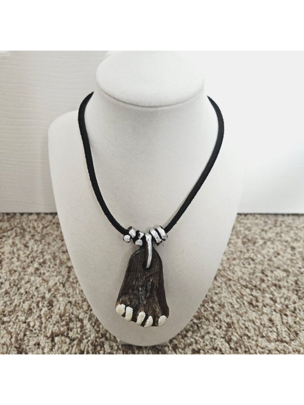 Wood Carved Bigfoot Sasquatch Necklace Leather Strap Adjustable 15" Artisan